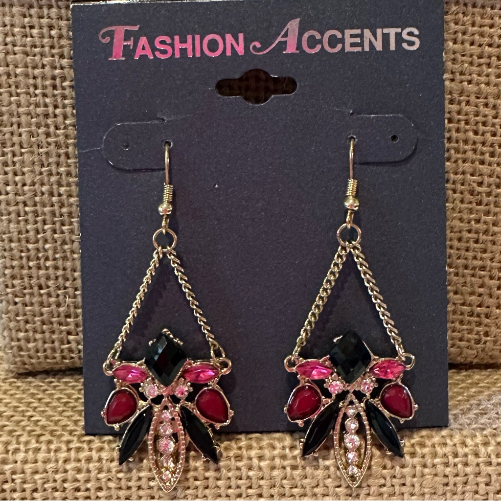 Nwt Fashion Accents Earrings Gold W/ Black, Pink, Red Jewels & Clear Rhinestones